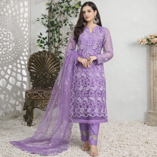Stitched Lavender Embroidered Net 3-Piece Suit – Luxury Wear